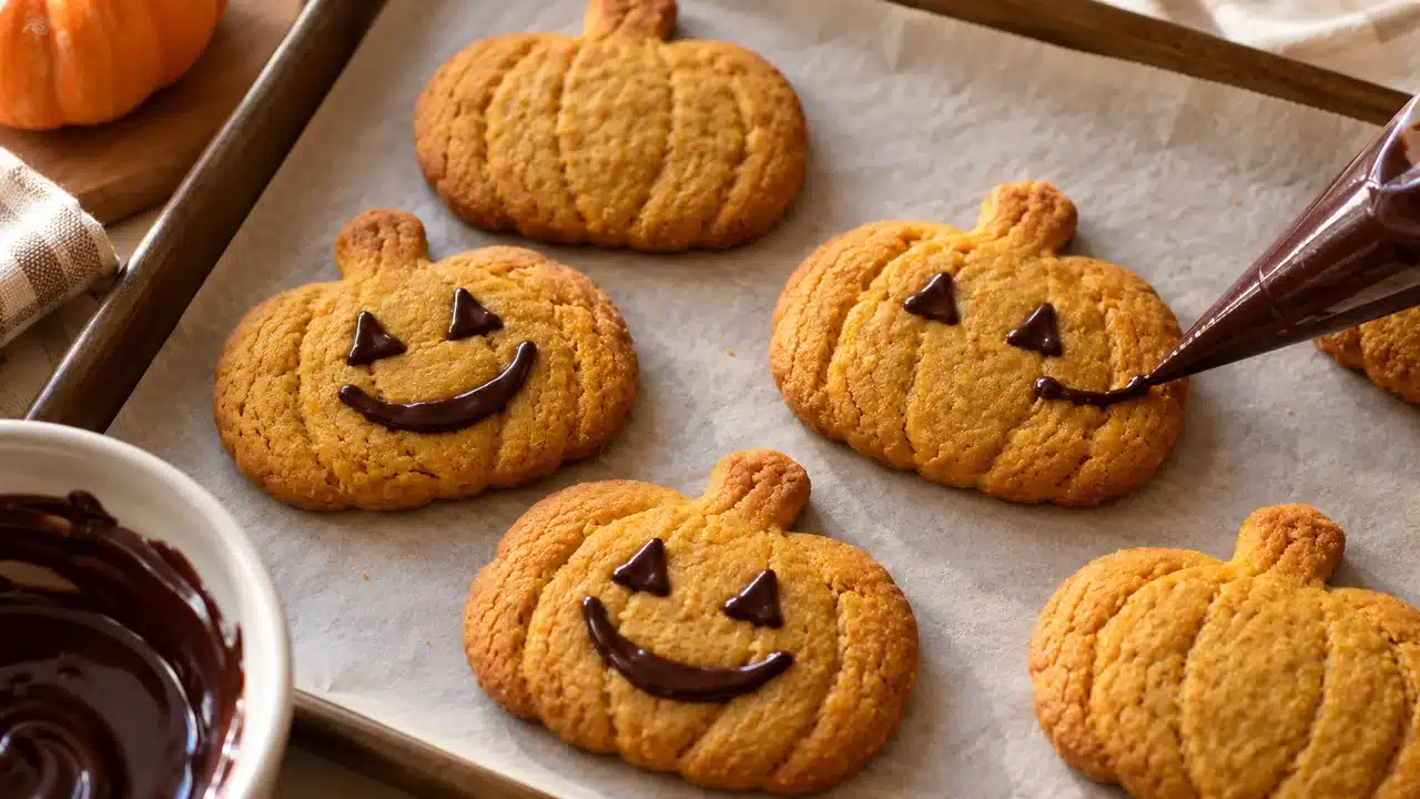 Dibujo de caras de chocolate sobre galletas de calabaza frías