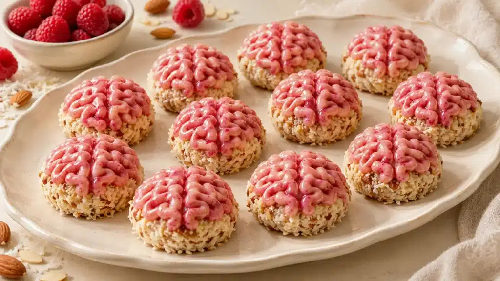 Galletas cerebro de coco con glaseado rosa de frambuesa
