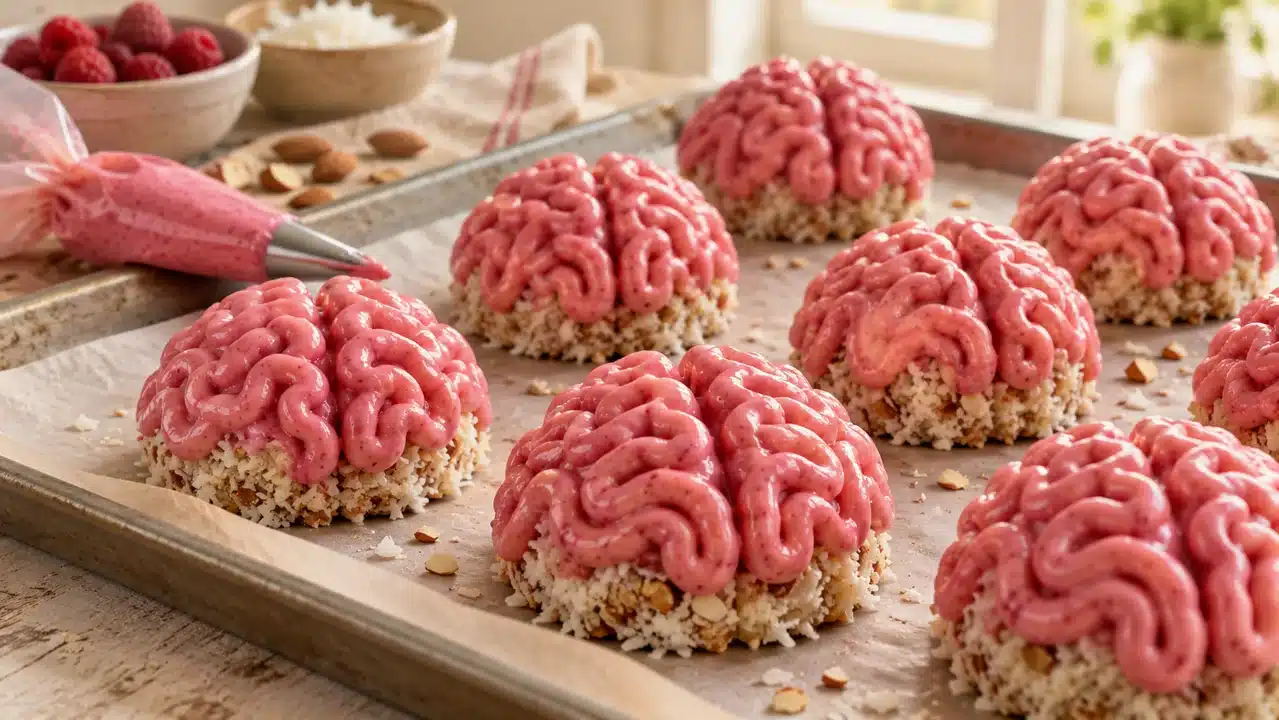 Cerebros de glaseado rosa dibujados sobre las bases de coco