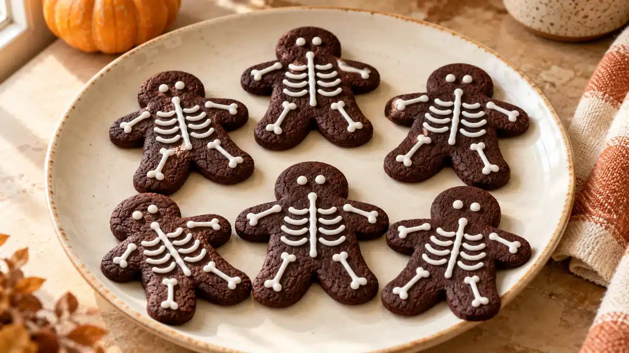 Galletas esqueleto de cacao con huesos de glaseado blanco sin huevo