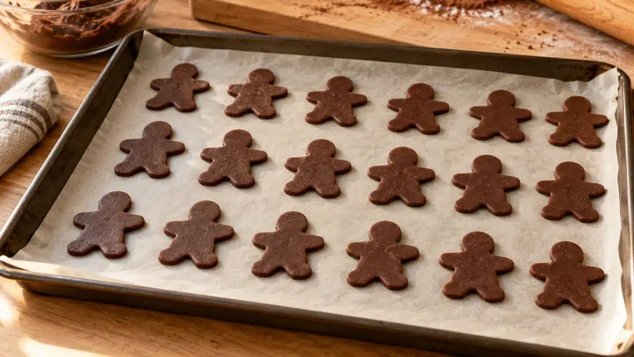 Muñecos de masa de cacao con brazos anchos antes de hornear