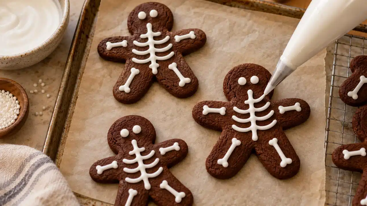 Dibujo de huesos blancos sobre galletas esqueleto de cacao frías