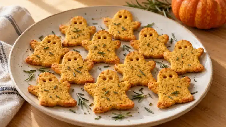 Galletas saladas con forma de fantasma, ojos recortados y romero