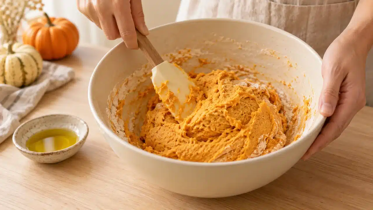 Masa de calabaza y aceite en un bol de cerámica