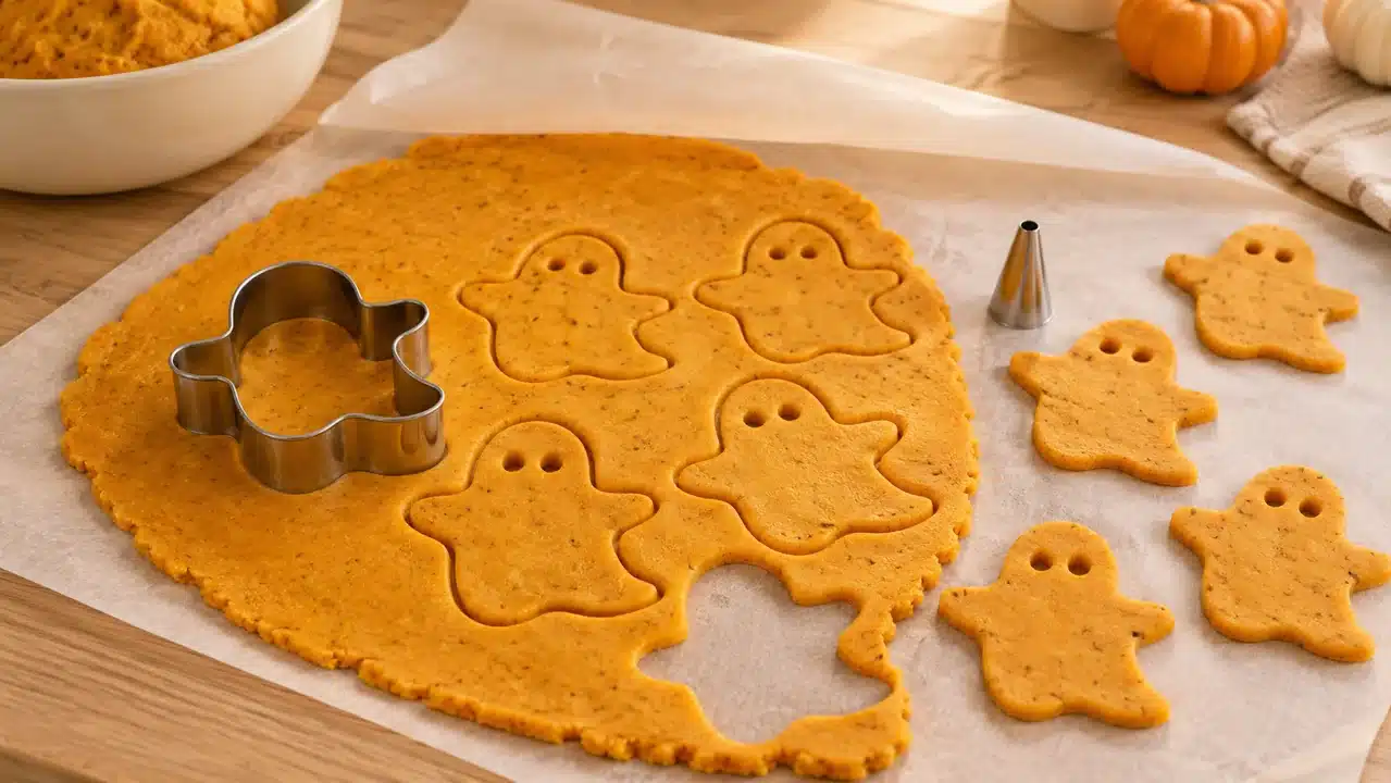 Fantasmas de masa fina recortados sobre papel de horno