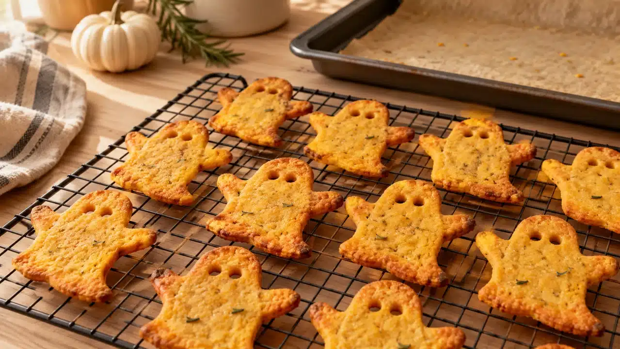 Galletas fantasma doradas enfriándose sobre una rejilla