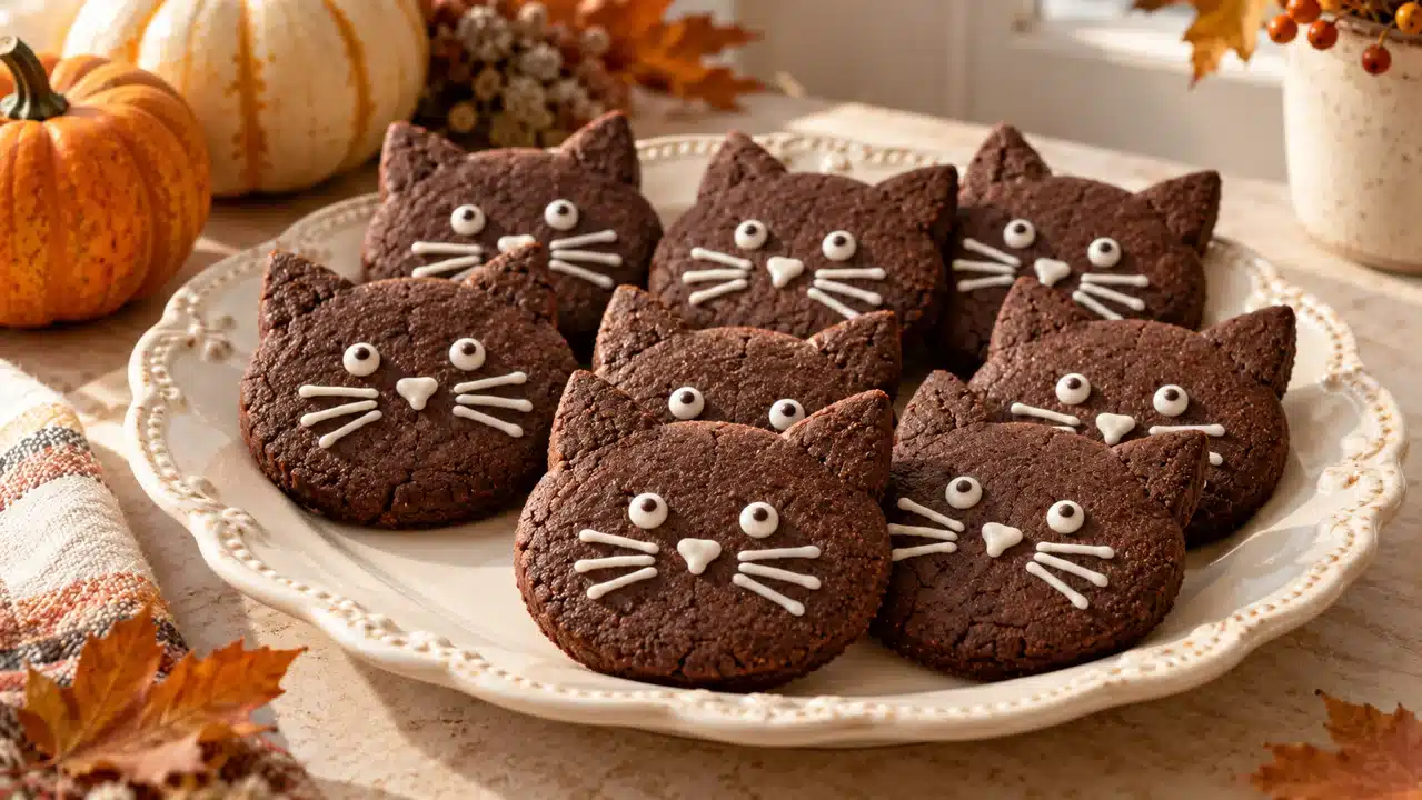 Galletas de gato negro de cacao con ojos y bigotes blancos