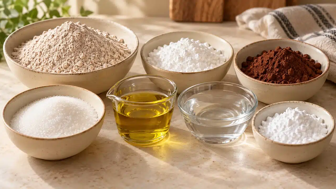 Harina de sarraceno, maicena y cacao con aceite, azúcar y agua