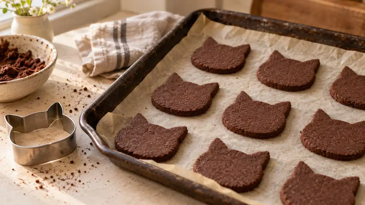 Caras de gato de masa de cacao cortadas con orejas anchas