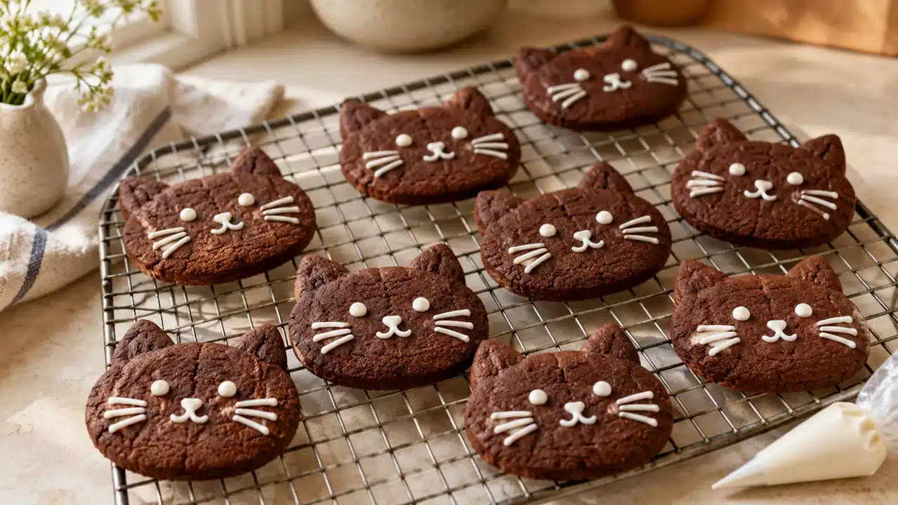 Gatos de cacao horneados con decoración blanca de ojos y bigotes
