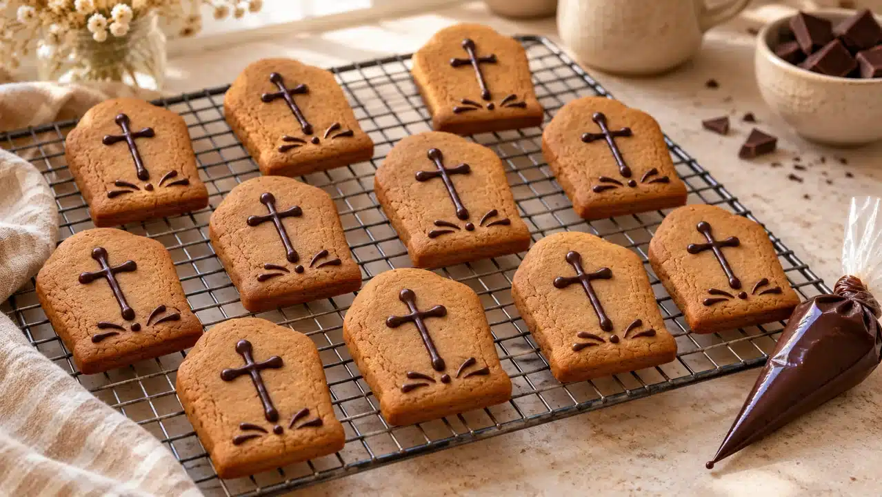 Galletas lápida horneadas y decoradas con chocolate