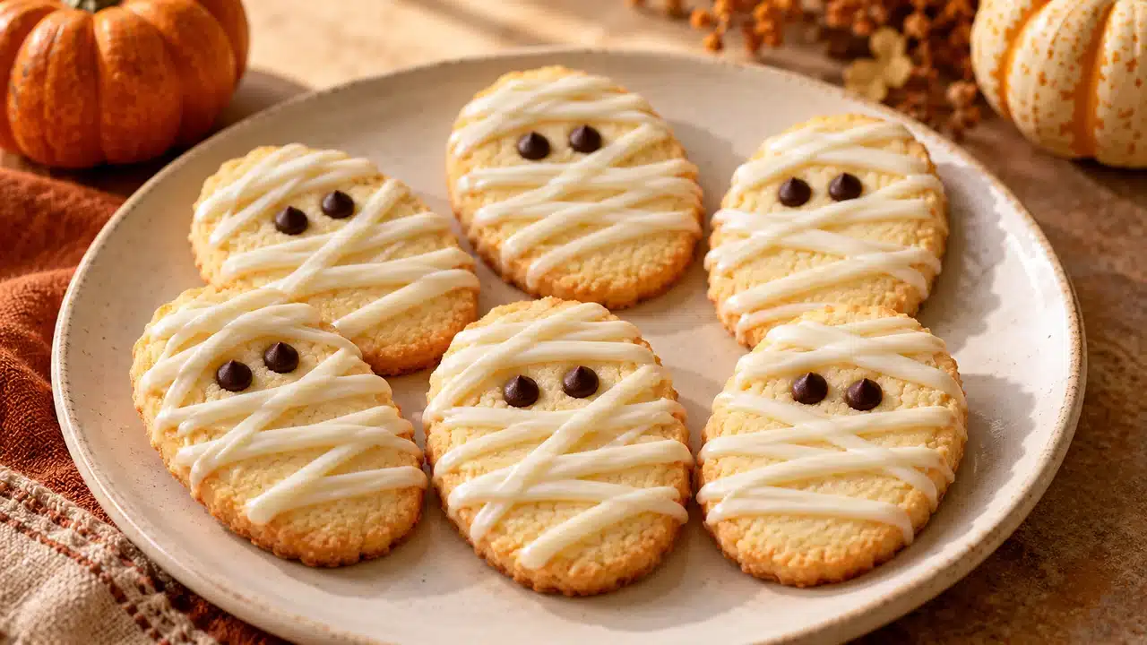 Galletas momia de limón con vendas blancas y ojos de chocolate