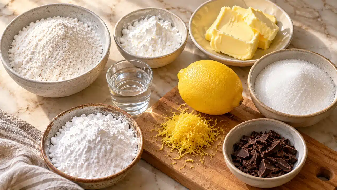 Ingredientes separados para las galletas momia de limón sin huevo