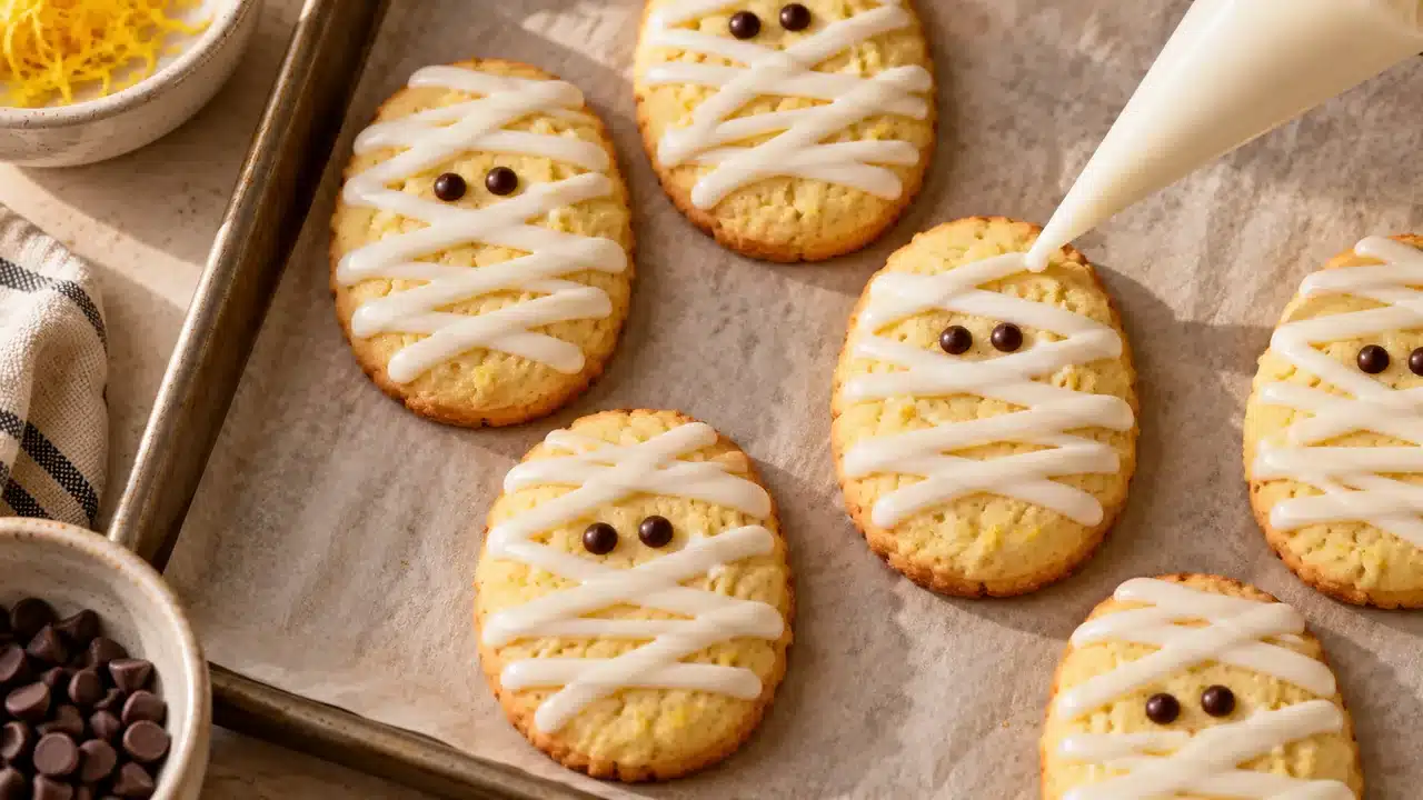 Decoración de vendas blancas y ojos de chocolate sobre galletas frías