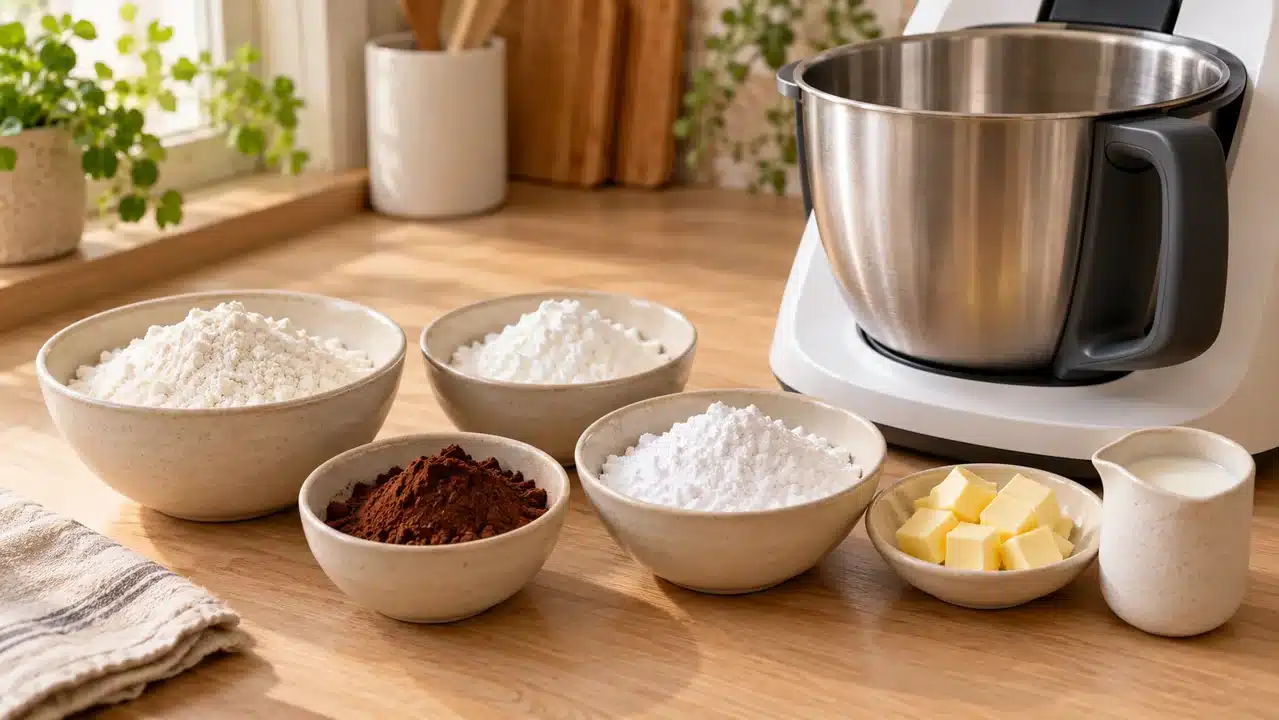 Ingredientes de las galletas de cacao junto a un robot de cocina