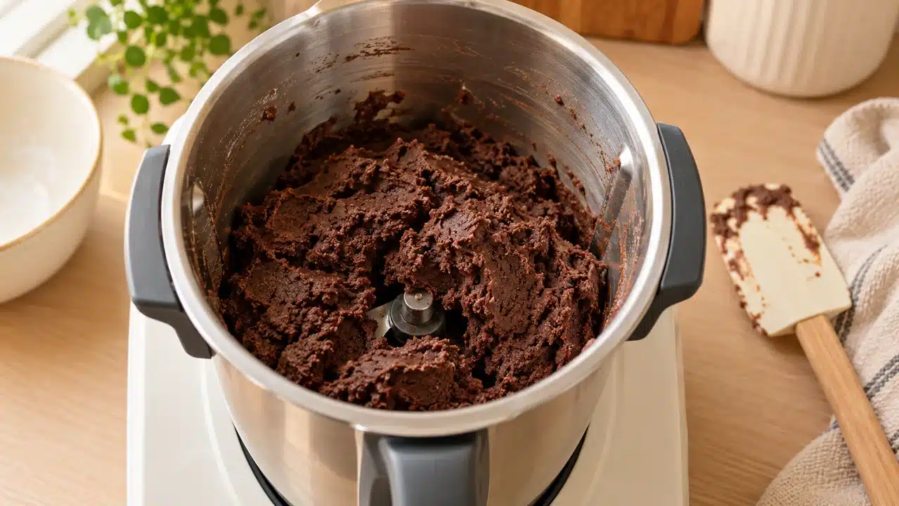 Masa de cacao reunida en el vaso del robot de cocina detenido