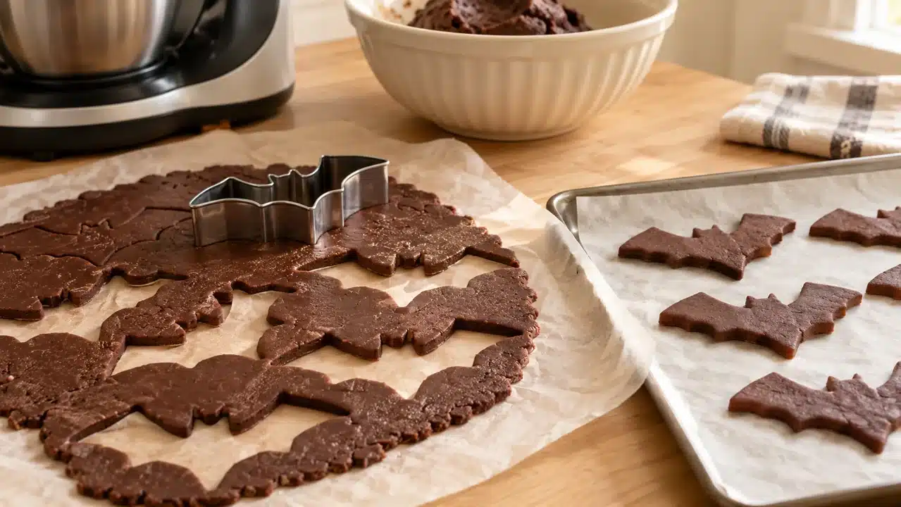 Murciélagos de masa de cacao cortados sobre papel de horno