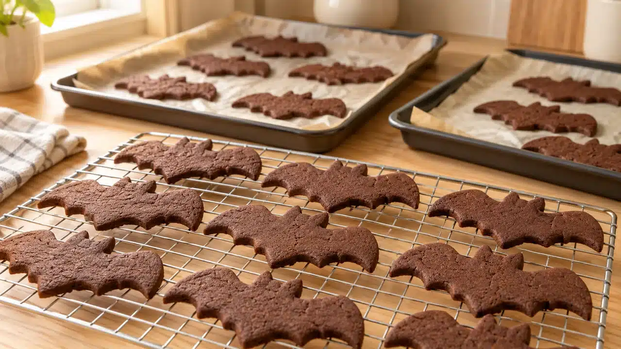 Galletas murciélago de cacao enfriándose en una rejilla