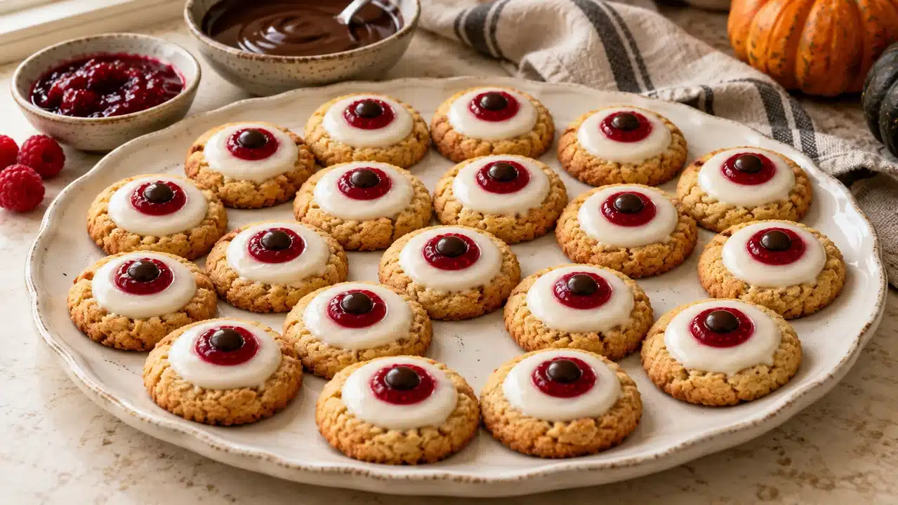 Galletas ojos de monstruo con glaseado blanco y pupilas de chocolate