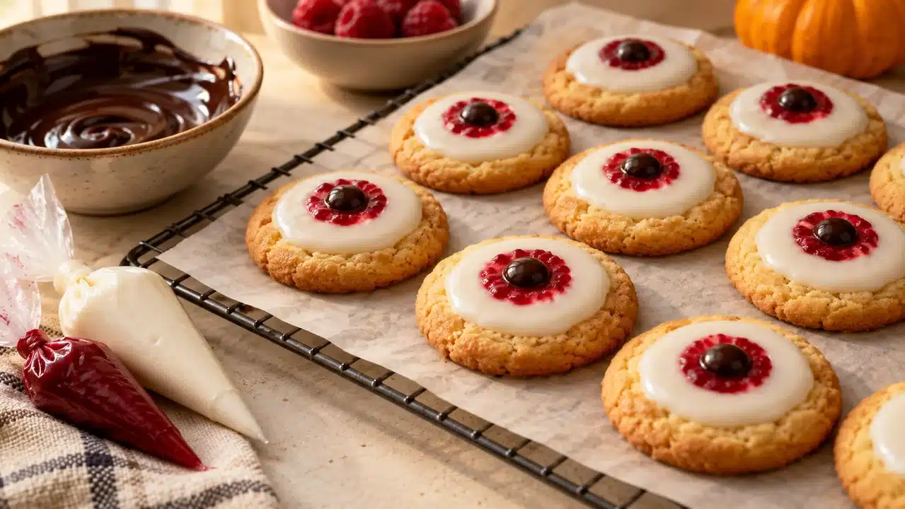 Ojos dibujados con glaseado blanco, frambuesa y chocolate