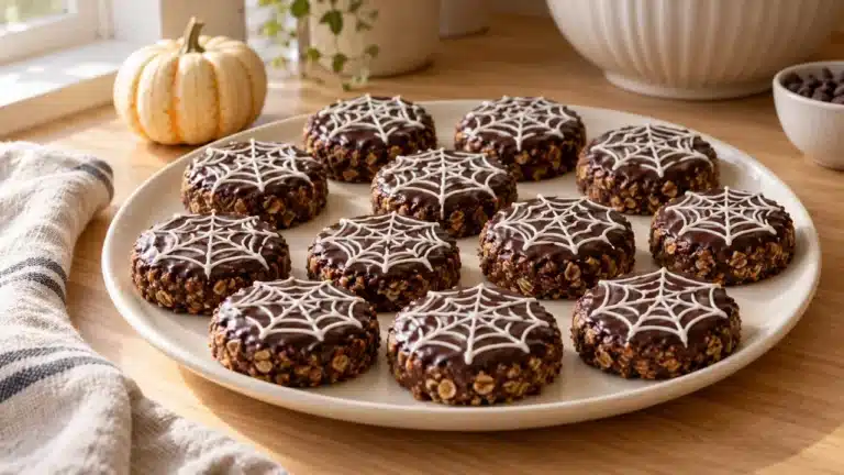 Galletas de avena y coco con chocolate y telarañas de glaseado blanco