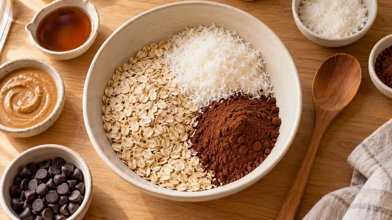 Copos de avena sin gluten, coco rallado y cacao en un bol