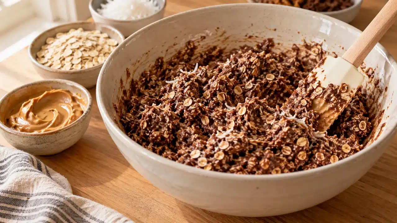 Mezcla de avena, coco, cacao y crema de cacahuete