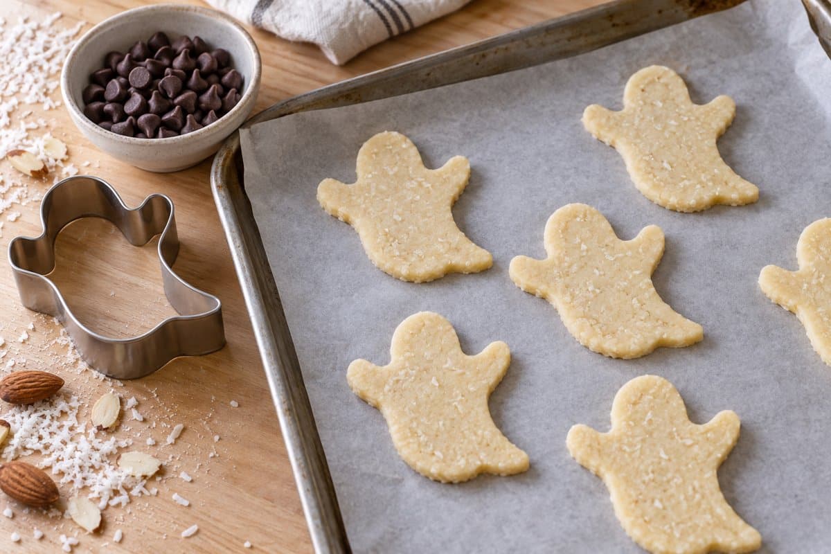 Galletas fantasma de coco crudas sobre papel de horno