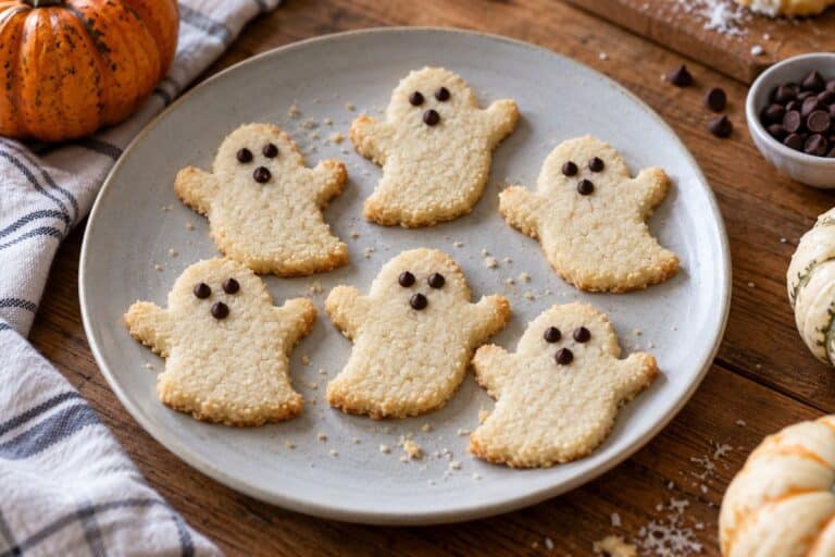 Galletas fantasma de coco y almendra con pequeños ojos de chocolate