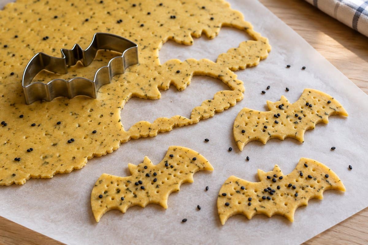 Murciélagos de masa de garbanzo cortados sobre papel de horno