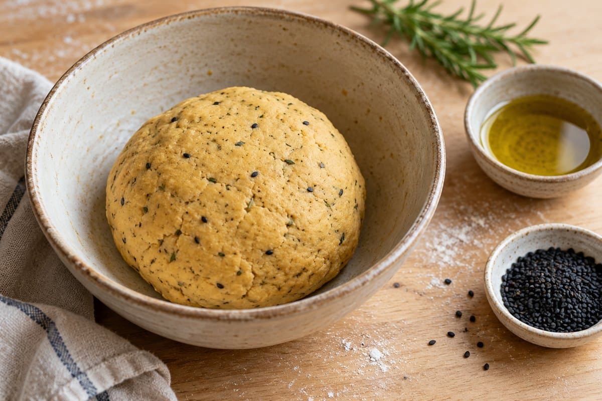 Masa salada de garbanzo y arroz lista para reposar