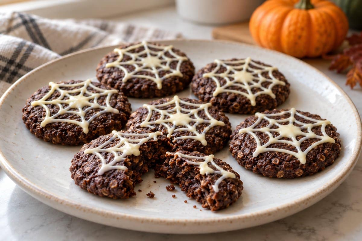 Galletas de Halloween de cacao decoradas con telarañas de chocolate blanco