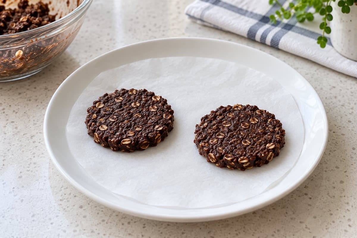 Dos discos de masa de cacao separados sobre un plato apto para microondas