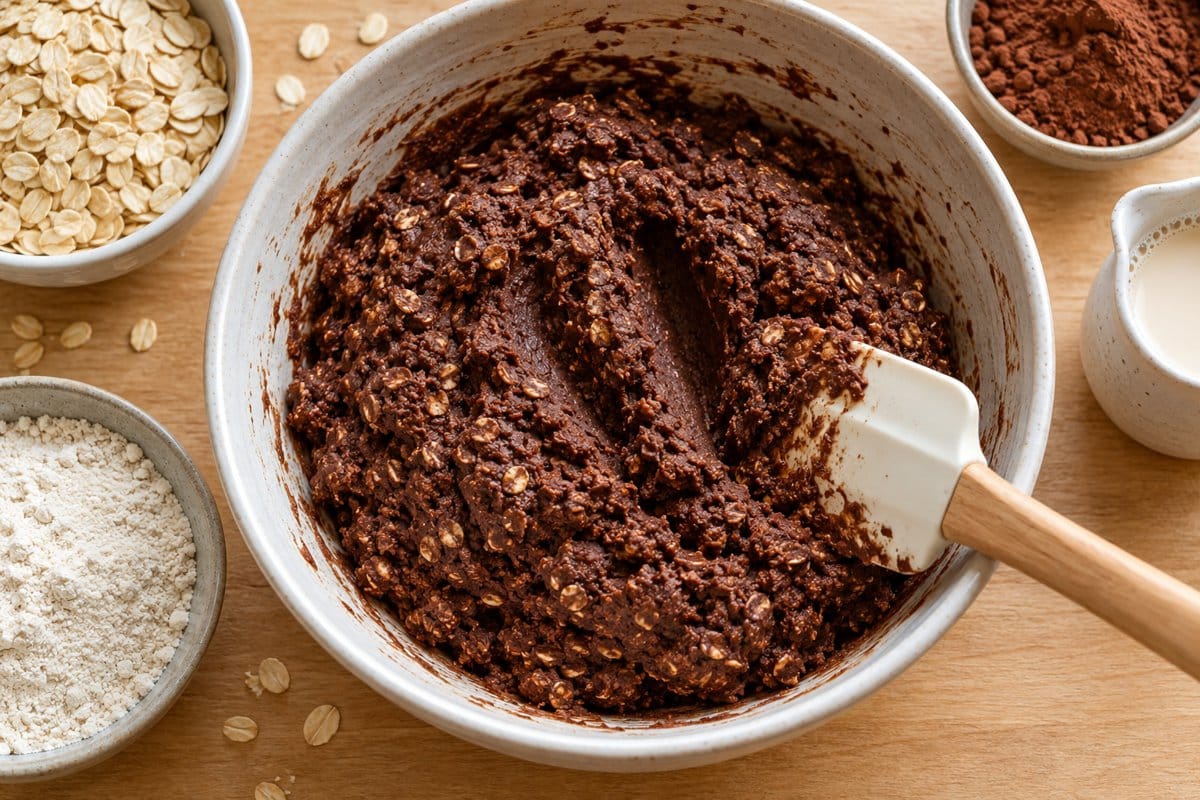 Masa espesa de cacao y avena sin gluten en un cuenco