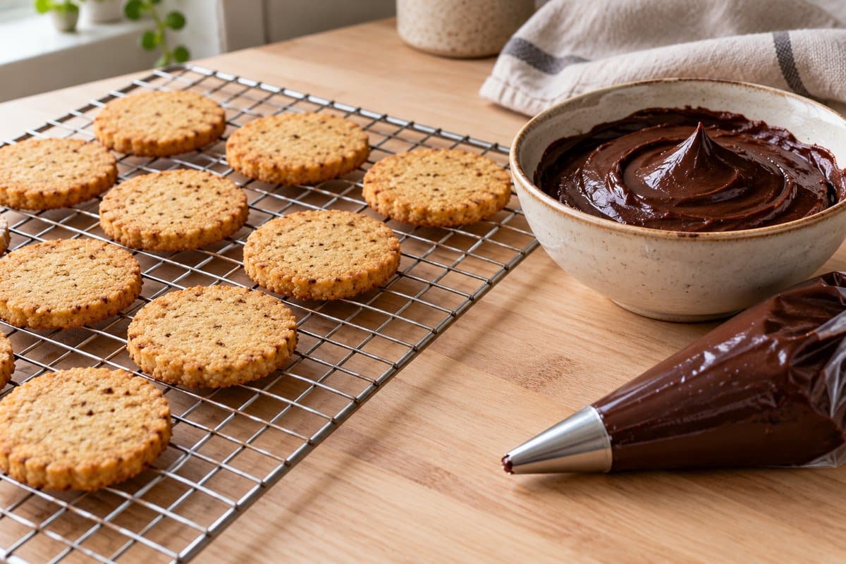 Bases redondas de quinoa enfriándose junto a la ganache