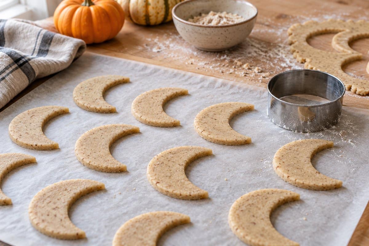 Lunas integrales sin gluten cortadas sobre papel de horno