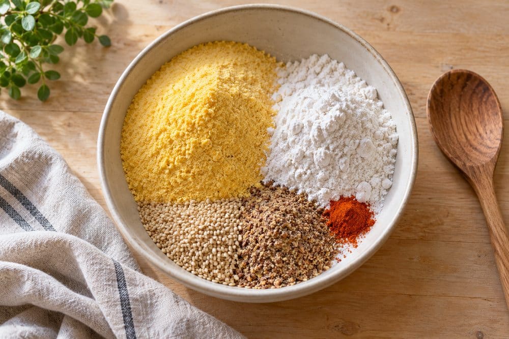 Harinas de maíz y arroz con sésamo, lino molido y pimentón