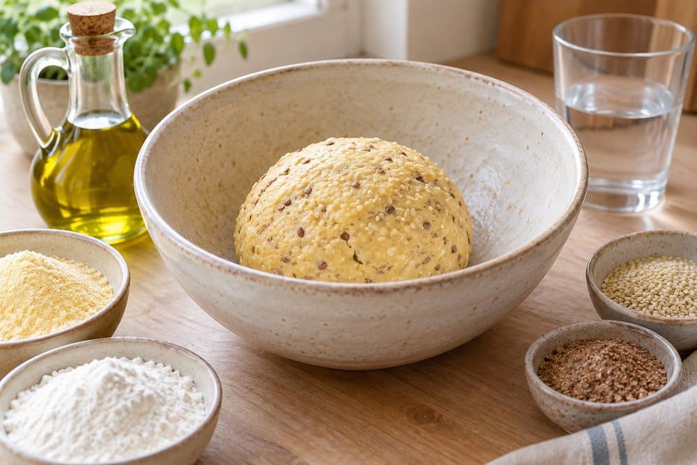 Masa de maíz y semillas ligada con aceite de oliva y agua