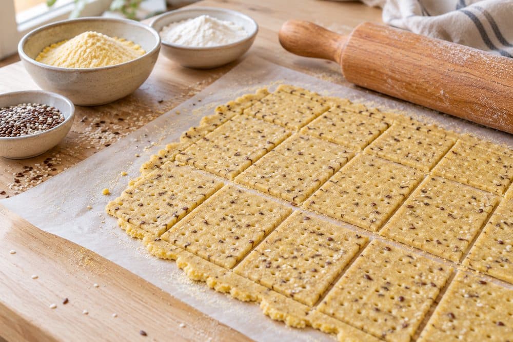 Crackers de maíz y semillas cortados en rectángulos y pinchados