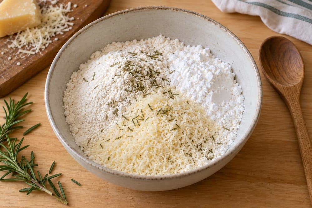 Harinas sin gluten mezcladas con parmesano rallado y romero