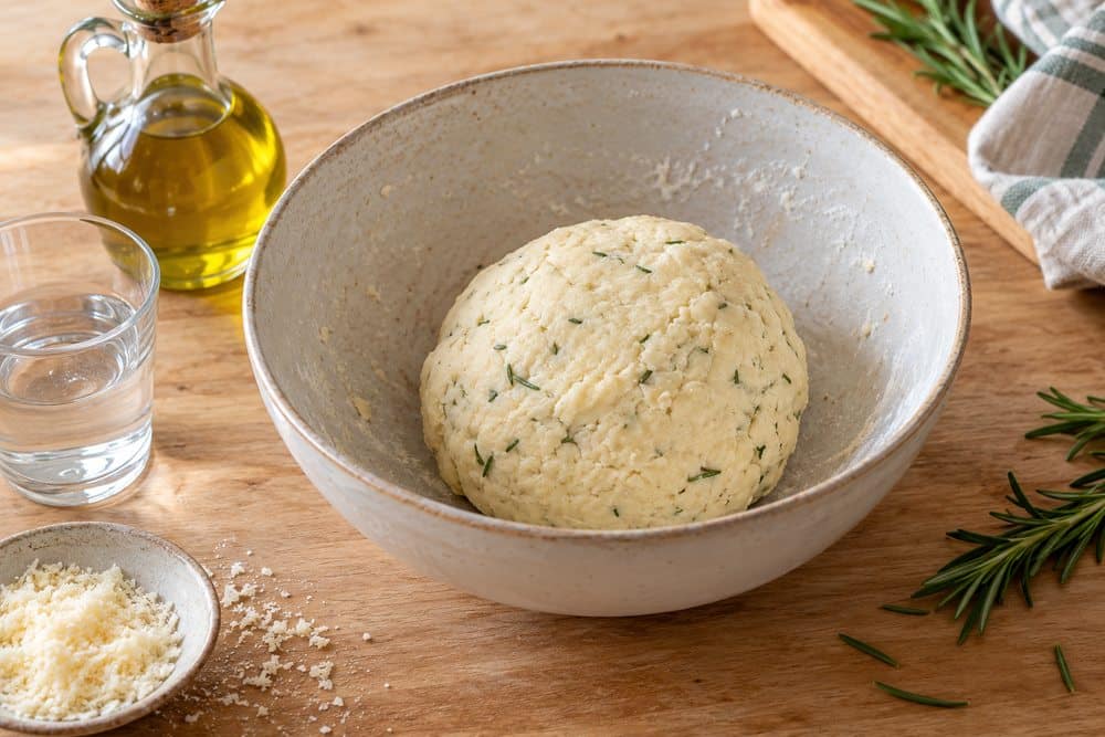 Masa de parmesano y romero ligada con aceite de oliva y agua