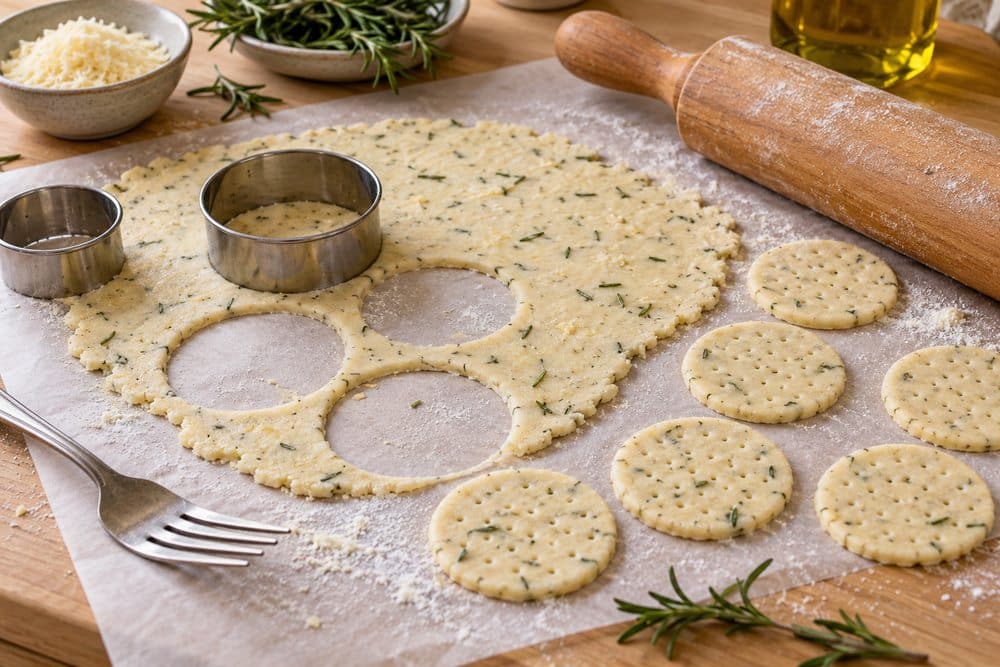 Galletas de parmesano y romero cortadas y pinchadas antes de cocinar