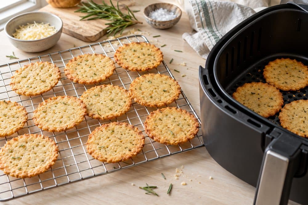 Galletas de parmesano y romero doradas enfriándose tras la airfryer